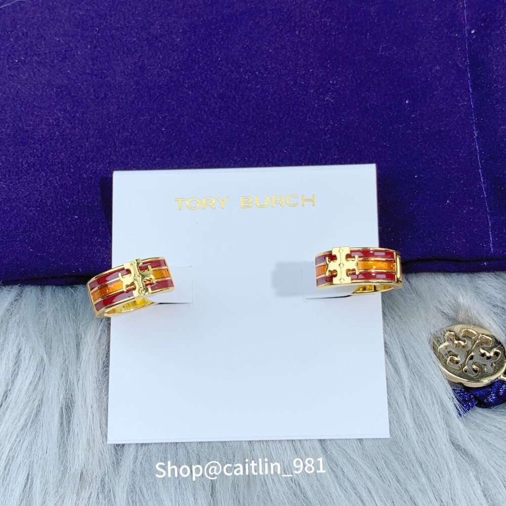 Tory Burch Kira Enamel Huggie Hoop Earring Shiny Hematite